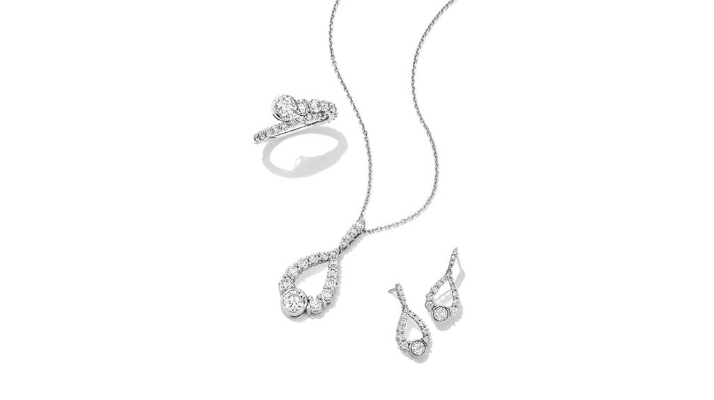 Kay Jewelers’ new “Milestones Natural Diamond Collection” is one of the collections Signet is releasing in conjunction with “Worth the Wait.” The rings, earrings, and necklaces in the collection are offered in 10- or 14-karat white or yellow gold and are all set with natural diamonds. Prices range from $500 to $8,800. Kay Jewelers Milestones Natural Diamond Collection